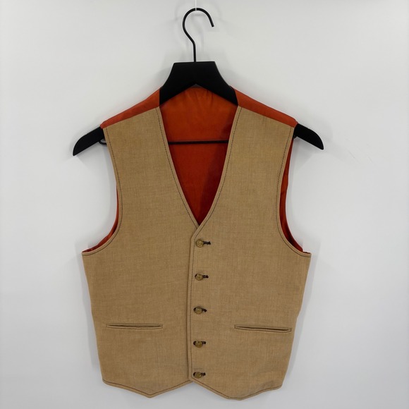 Other - Mens Tan Linen Blend Button Down V Neck Sleeveless Vest 34R Orange Satin Back